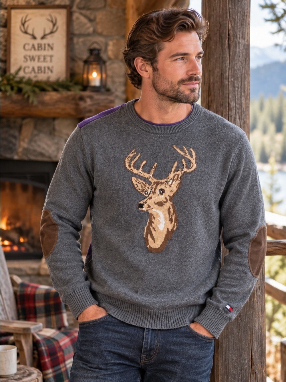 Tommy Hilfiger Men’s L Deer Buck Intarsia Sweater Gray Purple Elbow Patch Cotton